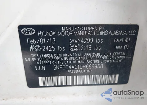 2013 Hyundai Sonata Limited z USA, uszkodzony, nr VIN 5NPEC4AC1DH686958